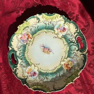 RS Prussia Antique Handled Porcelain Cake Plate With Vibrant Floral Design Gold